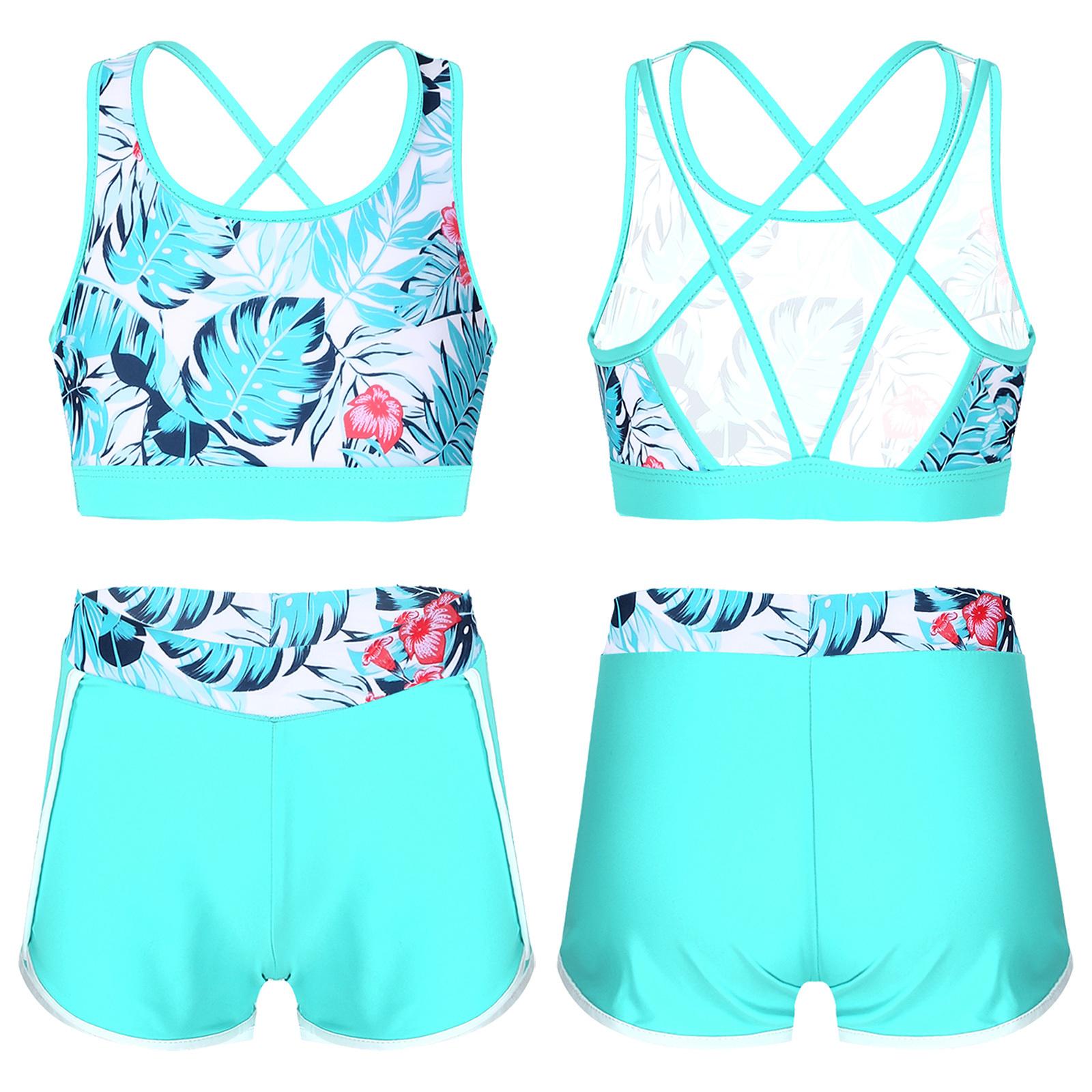 Yeahdor 2 stuks bedrukte badpakoutfit voor meisjes met U-hals, bandjes op de rug en crop top met boyshorts, shorts en broeken, badpak voor op het strand, zwembad, zwempak 9-10 Years meer groene kleur