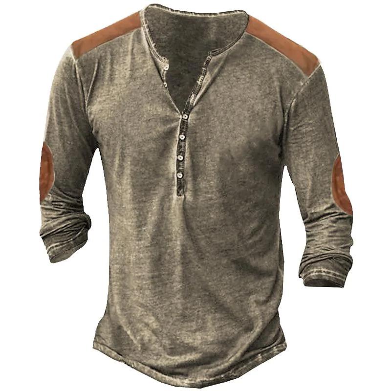 Haojun Retro heren-T-shirt met lange mouwen en print in contrasterende kleur, met een V-hals met 7 knopen voor een dun heren-T-shirt met lange mouwen. 2XL