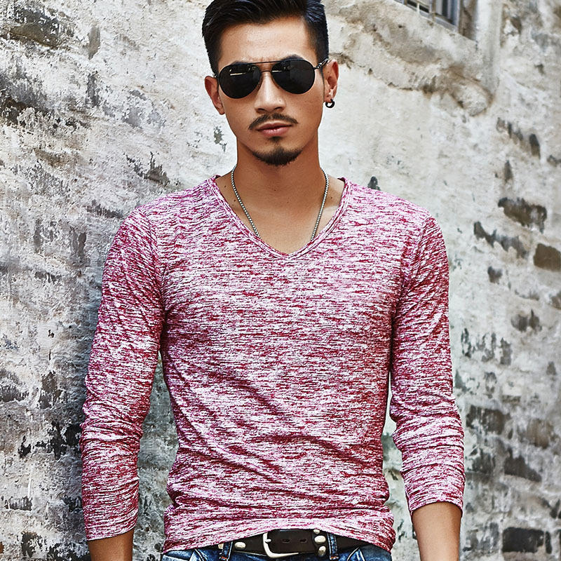 JY85HA Casual T-shirt met lange mouwen voor heren. Heren effen T-shirt met V-hals, top, slanke blouse, lang T-shirt XL rood
