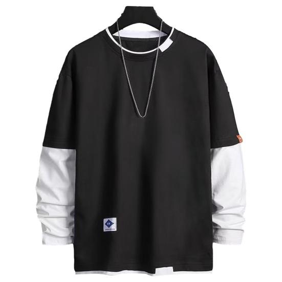 Guannuotong Mannen herfst winter top nep tweedelig patchwork kleuraanpassing losse trui ronde hals lange mouw zacht streetwear hiphop casual heren sweatshirt L zwart
