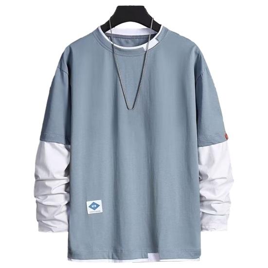Guannuotong Mannen herfst winter top nep tweedelig patchwork kleuraanpassing losse trui ronde hals lange mouw zacht streetwear hiphop casual heren sweatshirt L blauw