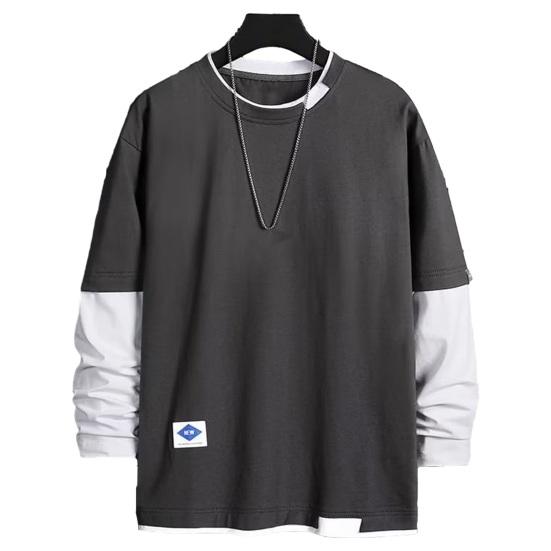 Guannuotong Mannen herfst winter top nep tweedelig patchwork kleuraanpassing losse trui ronde hals lange mouw zacht streetwear hiphop casual heren sweatshirt XL grijs