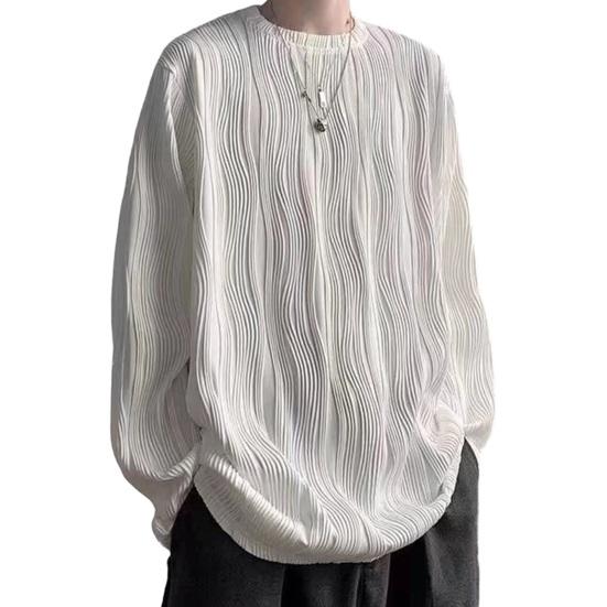Guannuotong Heren Herfst Lente Top Watergolftextuur Ronde hals Lange mouw Oversized Effen Kleur Losse trui Hiphop Street chic Halflange heren Zacht T-shirt XL wit