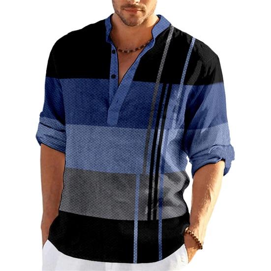 Songmeijuan Heren zakelijk overhemd V-hals knopen halslijn lange mouw trui tops patchwork kleur casual shirt tops M blauw