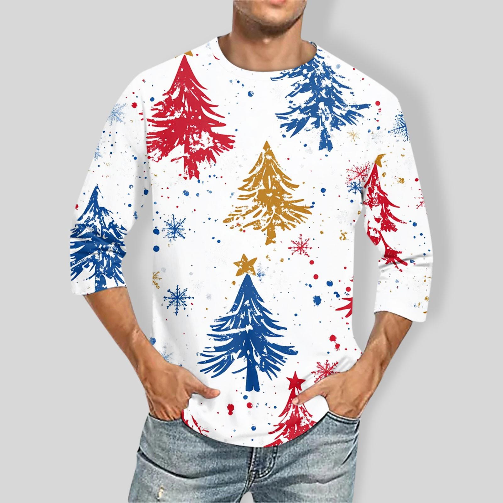 Ximalaya Men's Christmas print Round Neck Three Quarter Sleeve Top T-shirt S wit
