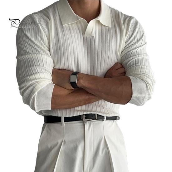 DILLER Lente Herfst Heren Top Gebreide Draad Slim Fit Pullover Omslagkraag Lange Mouwen Rekbaar Pure Kleur Dagelijks Draagbaar Zakelijk Overhemd XL ivoor