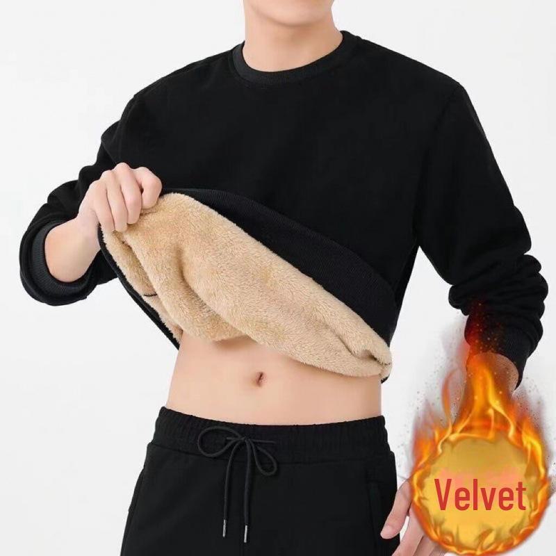 SHIZI Winter Heren Fleece Sweatshirts Houd Warm Ondergoed Casual Effen Kleur Trui Lamswol O-hals Verdikt Thermisch Ondergoed Tops S zwart