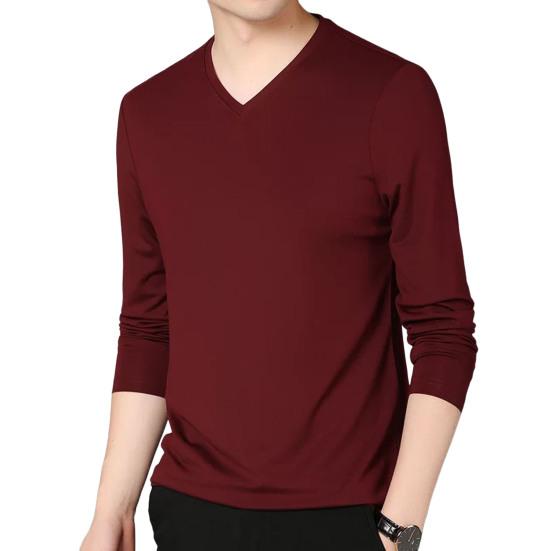 Meizhenchang Heren Herfst Lente Top V Hals Lange Mouwen Pure Kleur Slim Fit Dunne Pullover T-shirt Dagelijkse Draag Sport Homewear Kleding L wijnrode kleur