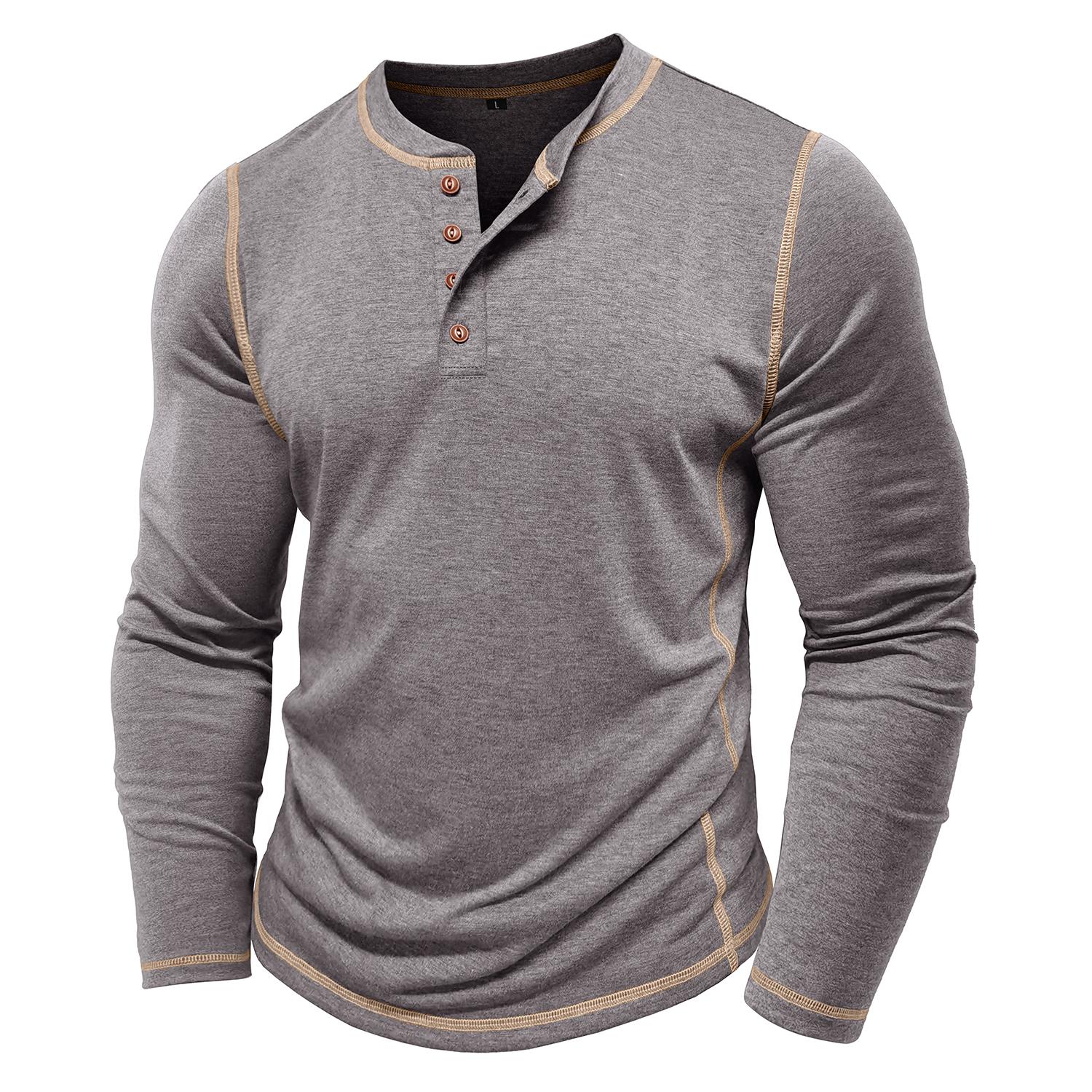 Bright Deer Heren Henley-shirts Lange mouwen Truien Tops met vier knopen Herfst Winter Lente T-shirts Vakantie Thuis Casual Wear XL grijs