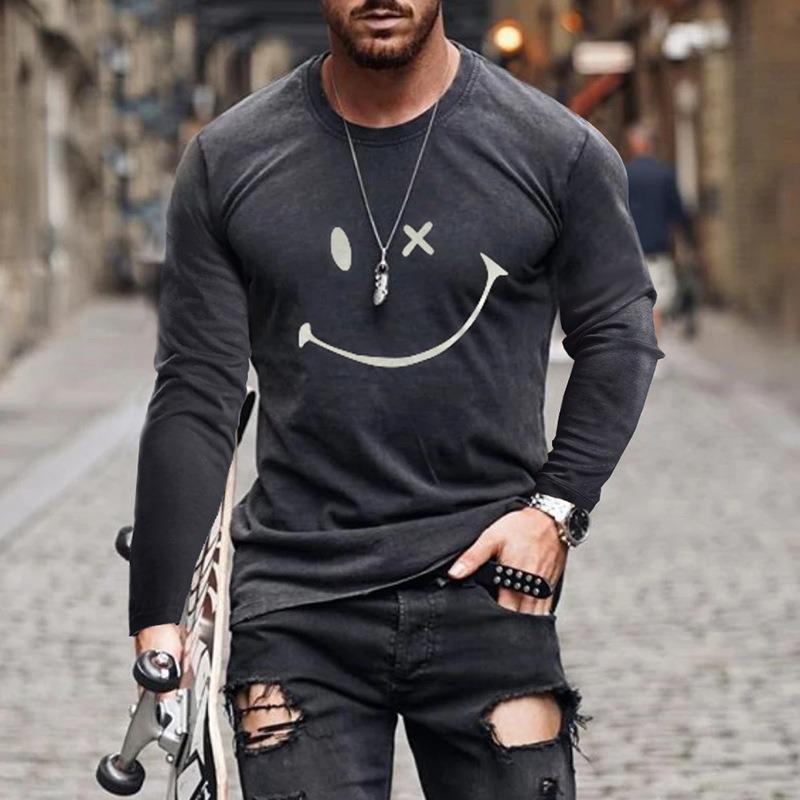 HerSight Heren lente- en herfst T-shirt met lange mouwen Heren losse ronde hals hoodie 3D-geprint bedrukte top met lange mouwen 5XL