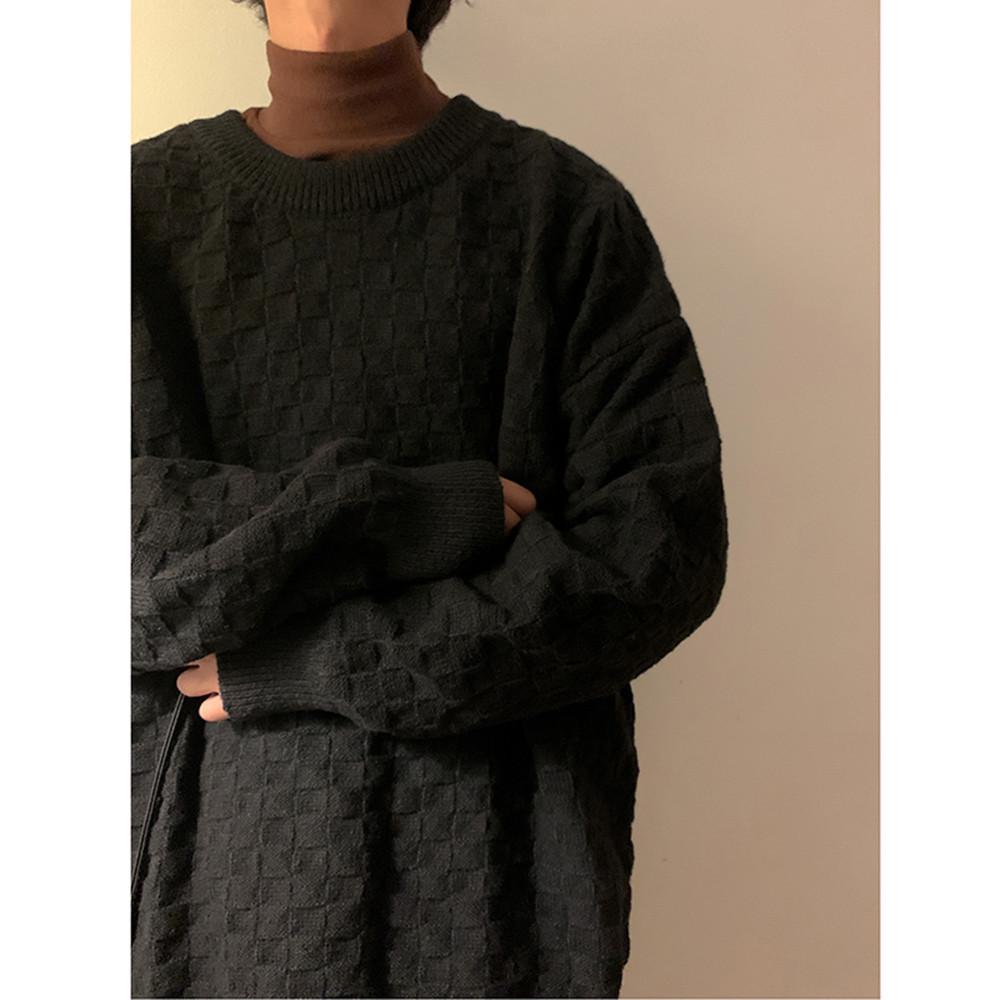 VantaGoods Heren Plus Size Geruite Gebreide Trui - Dikke Ronde Hals voor Herfst & Winter L zwart