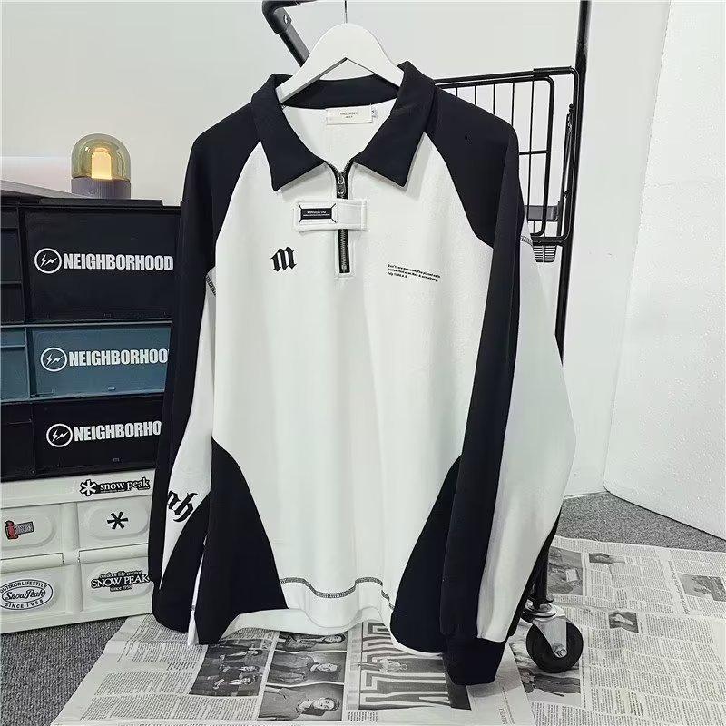 VantaGoods Heren American Retro Zwart & Wit Contrast Polo Trui - Losse pasvorm, Casual, Trendy, Rits Top XL wit