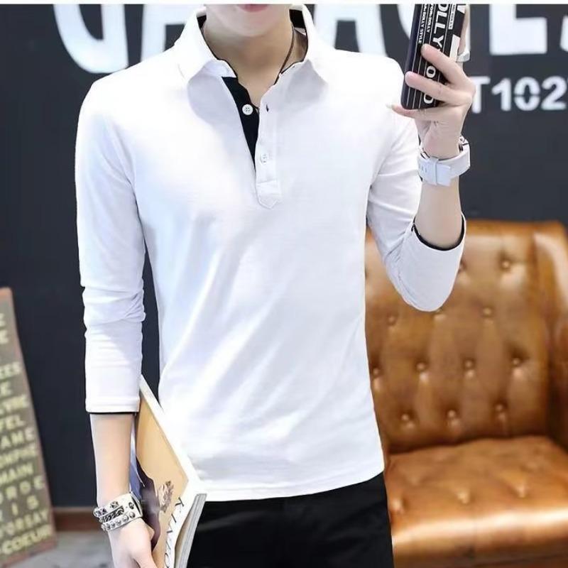VantaGoods Heren effen poloshirt met revers - herfstlange mouwen en casual zakelijk top 4XL wit
