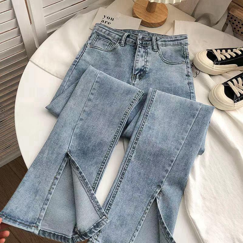 Danmo Street chic elastische denim flare broek vrouw hoge taille vintage split jeans vrouw chique grijze bell bottom jeans M lichtblauwe kleur