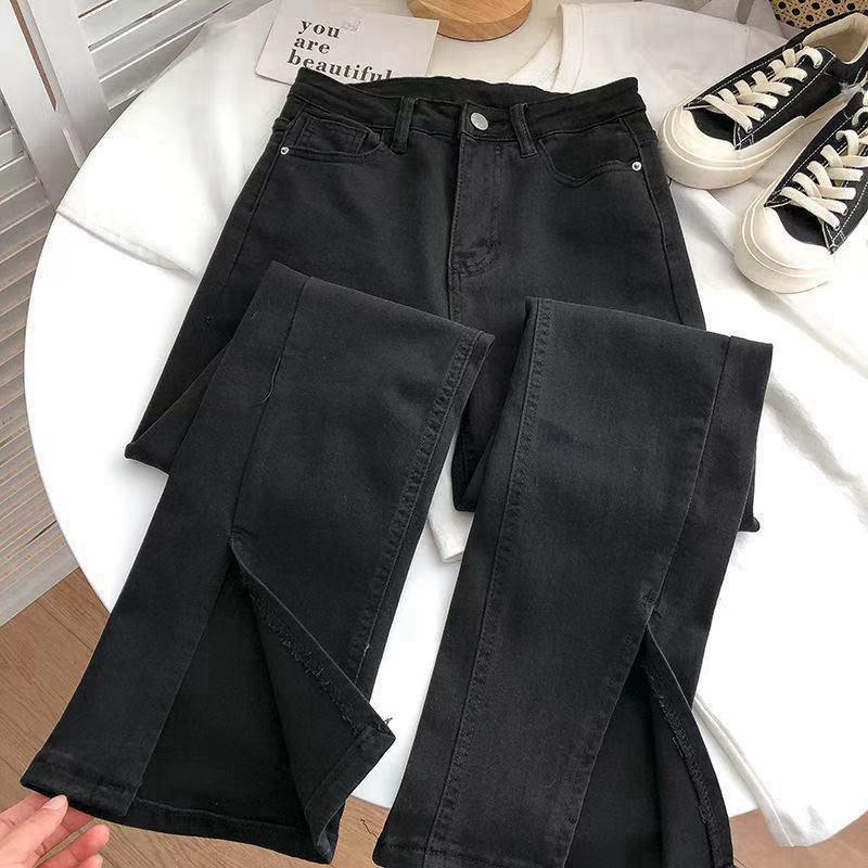 Danmo Street chic elastische denim flare broek vrouw hoge taille vintage split jeans vrouw chique grijze bell bottom jeans L zwart