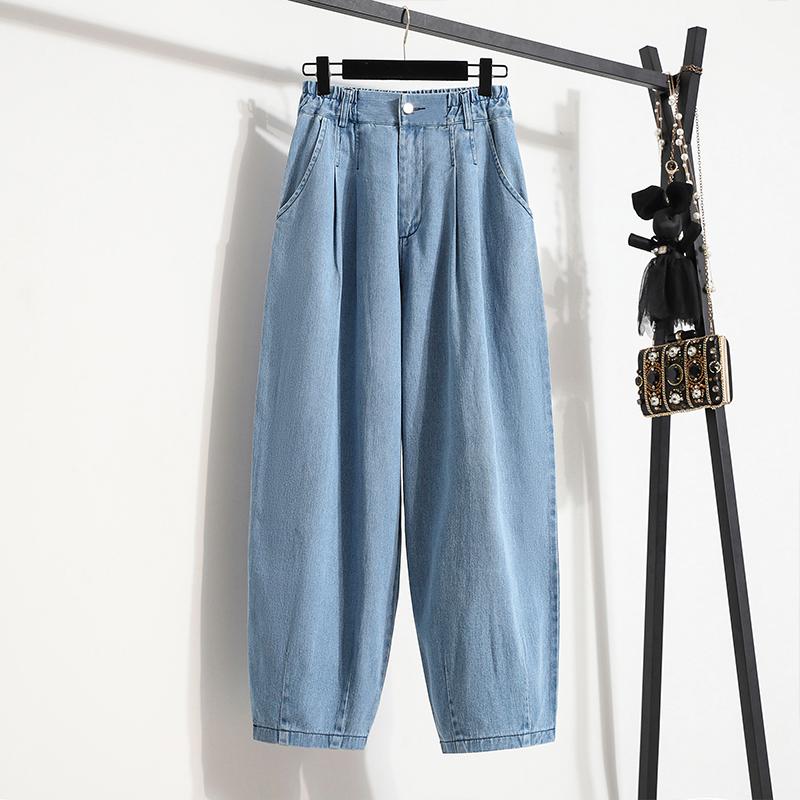 Dimanaf Plus Size Vrouwen Jeans Broek Denim Vrouwelijke Elastische Basic Blauwe Hoge Taille Broek Oversize Mode Nieuwe Broek 7981 XL lichtblauwe kleur