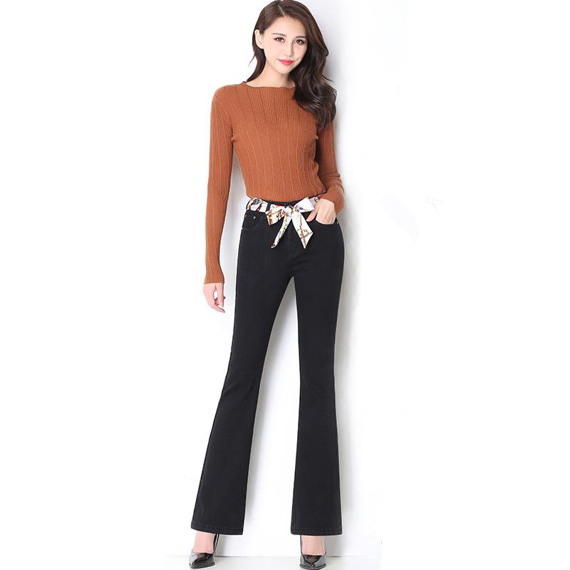 ZXXY Uitlopende jeans Dames Retro Bell Bottom Jeans Vrouwelijke wijde pijpen denim broek Broek Hippie Flares Hoge taille magere denim broek 26 zwart