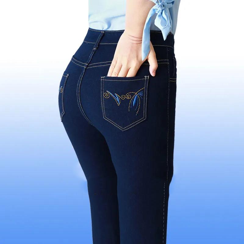 Simclm Stretchjeans met hoge taille Rechte geborduurde denimbroek voor dames Grote maat losse jeansbroek Lente en herfst Lange casual denimbroek 29