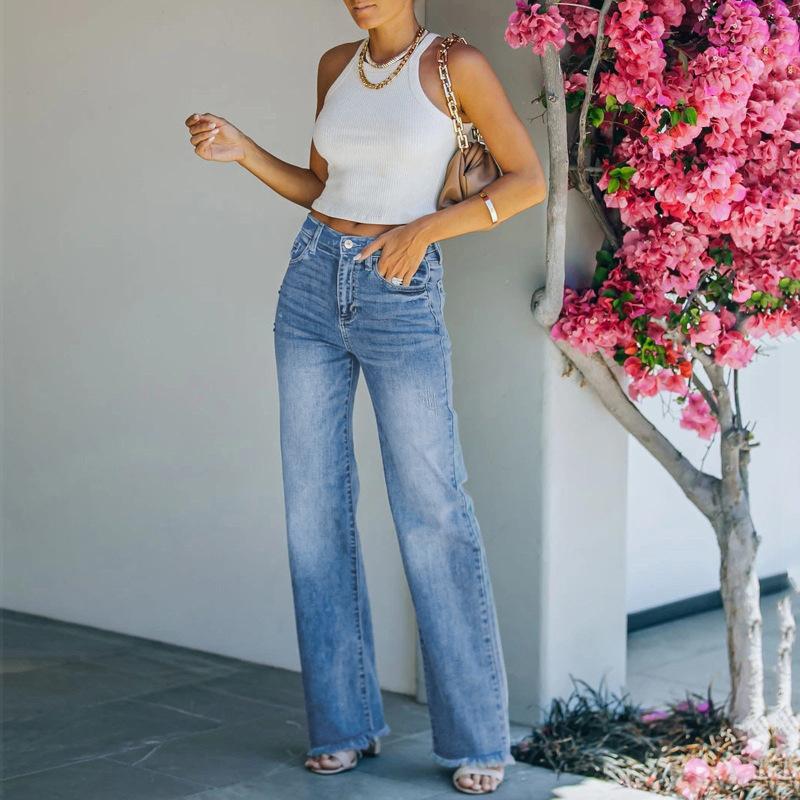 Wangpai Apparel Micro-uitlopende jeans met hoge taille en stretch voor dames XXL blauw