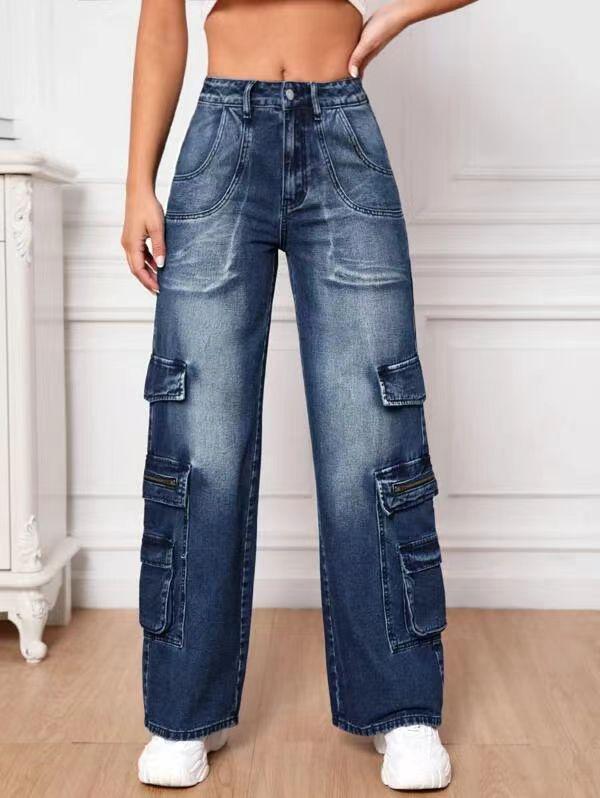 Omena Mode damesjeans met hoge taille en meerdere zakken Y2K 2XL blauw