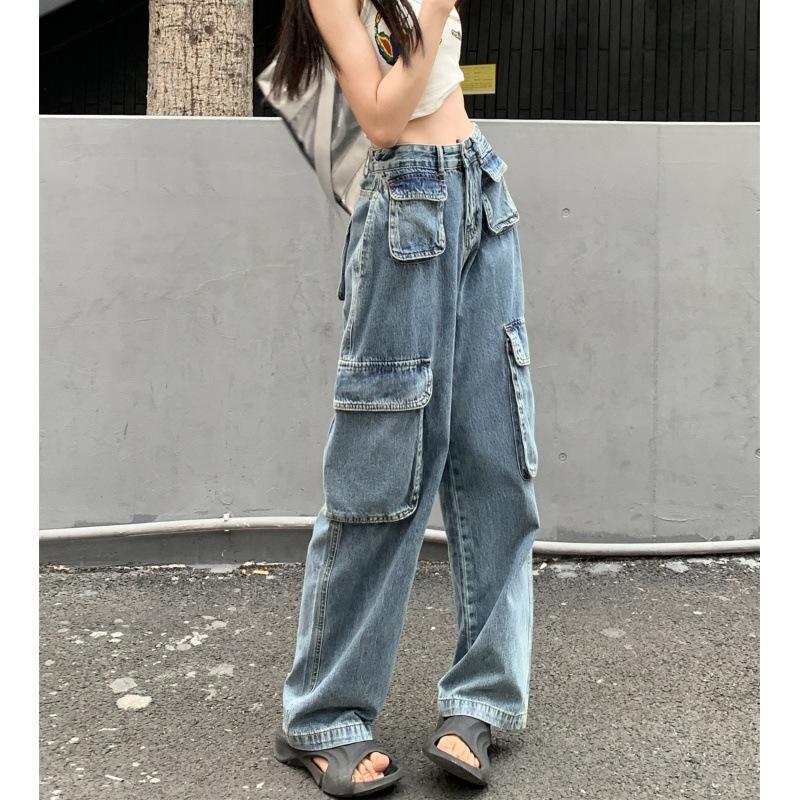 Chic Bag Grote casual mode-jeans voor dames Veelzijdige mode-werkkleding-jeans Retro Amerikaanse wijde pijpenbroek 3XL blauw