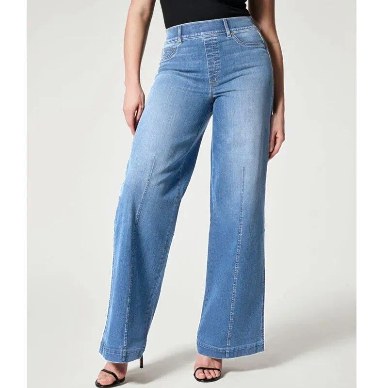 Best do it Sexy Solid Wijde Pijpen Denim Jeans Vrouwen Office-dame Hoge Elastische Taille Jeans Herfst Winter Casual Broek Met Zakken 30095 XXL lichtblauwe kleur