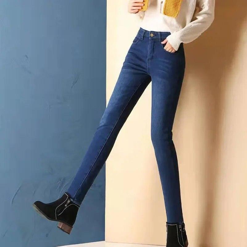 Best do it Office-dame Mode Warme Verdikte Lam Fleece Denim Jeans Winter Casual Fluwelen Slanke Hoge Taille Potlood Broek Vrouwen 30262 34 blauw