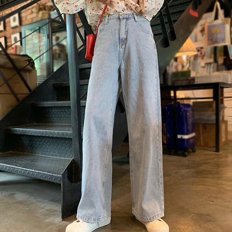 BOOSKU Jeans met hoge taille en wijde pijpen, losse en veelzijdige slanke damesbroek L