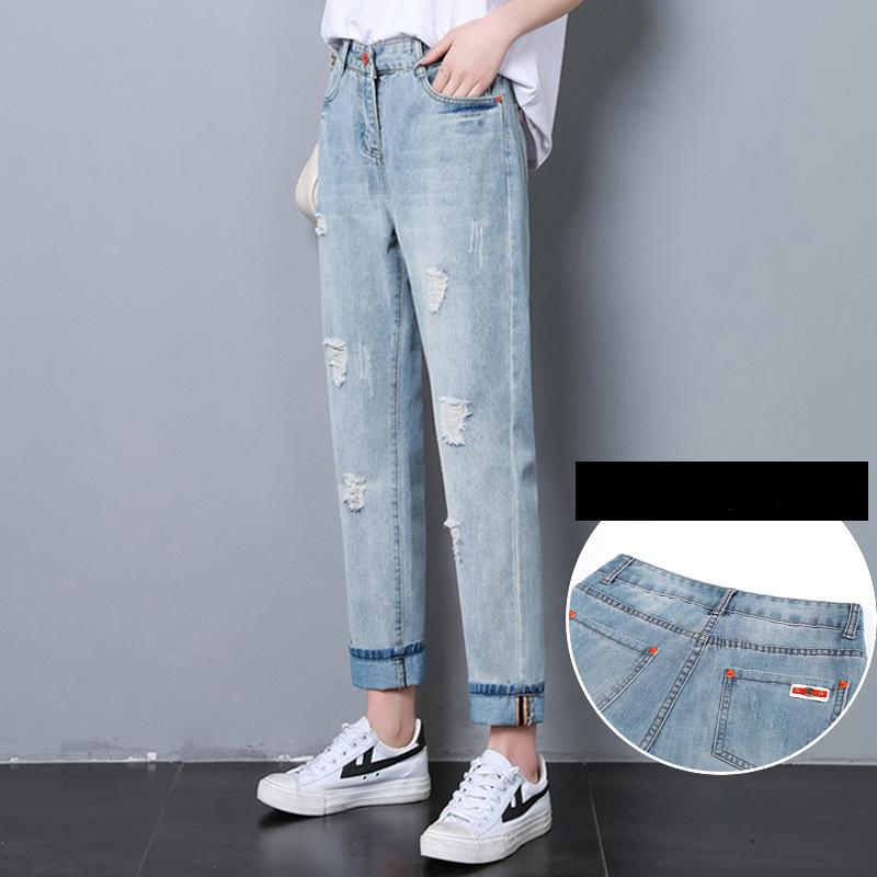 CANVAUS Broken Hole Jeans Dames denim jeans Lente en zomer Losse Harun Straight Pops-broek met hoge taille 32 lichtblauwe kleur
