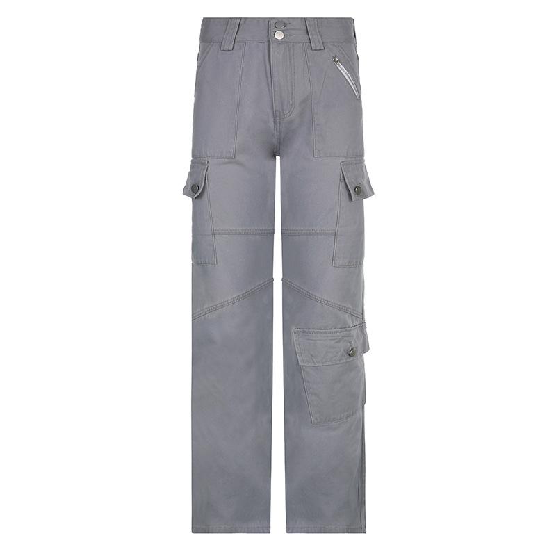 Twelve Month Grijze casual gestikte cargobroek met zakken, dames lage taille, vintage streetwear jeans, Koreaanse mode, rechte denimbroek XS grijs