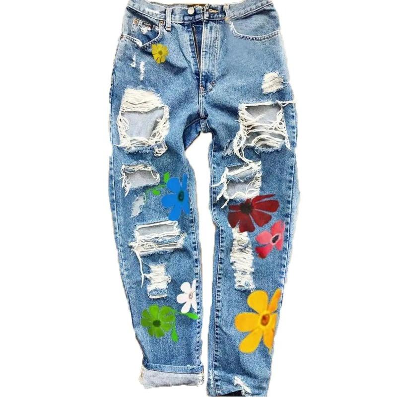 Heihei Vrouwen Gescheurde Jeans Mode Hoge Taille Bloemenprint Broek Met Zakken Casual Stijl Bodems Tiener Denim Broek Dameskleding 3XL blauw