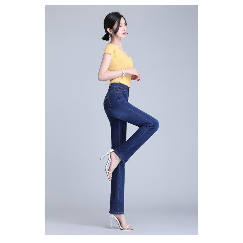 Femme Fashion Zomer dun gedeelte damesjeans met hoge taille dames rechte losse elastische casual broek 28 donkerblauwe kleur