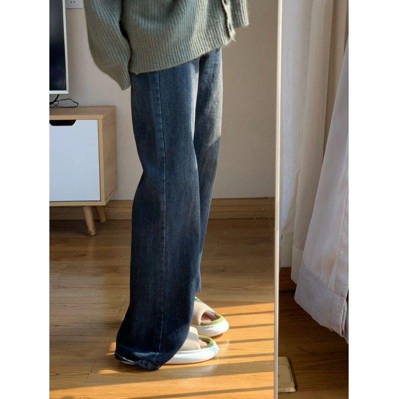 CANVAUS Microbroeken Herfst- en winterretrobroek Losse rechte jeans met wijde pijpen voor dames, lange broeken 2XL blauw