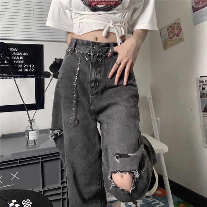 CANVAUS Broek voor dames zomer retro hoge taille gebroken gaten jeans losse dunne rechte wijde pijpen pops broek tij 2XL zwart/grijs