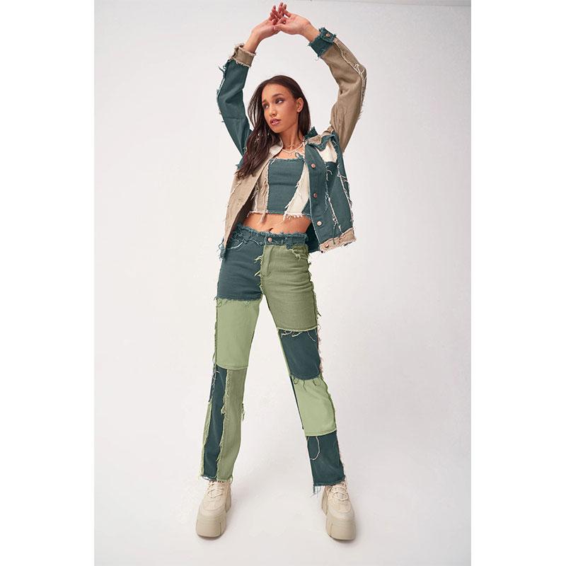 Omena Trend Color Mix Patchwork Hoge Taille Strakke Heup Rechte Broek Denim Jeans 2XL donkergroene kleur