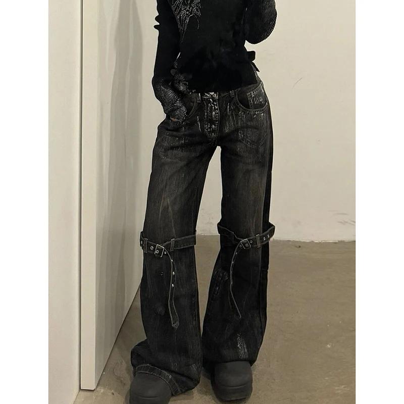 Exotic Zwarte dames jeans hoge taille hip hop rechte mode broek streetwear harajuku Y2K ster 2024 vrouwelijke wijde pijp denim broek S zwart