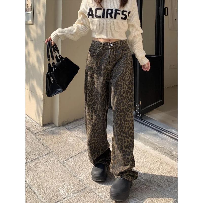 Exotic Vintage luipaardprint pantalon femme wijde pijpen broek vrouwen hoge taille rechte Y2k jeans casual mode Koreaanse jeans broek XXL koffie