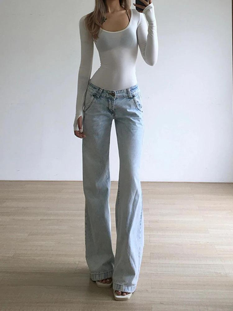 Exotic Nieuwe blauwe lage taille jeans vrouw streetwear Amerikaanse vintage denim broek vrouwelijke casual gewassen rechte pantalons mujer chic S blauw