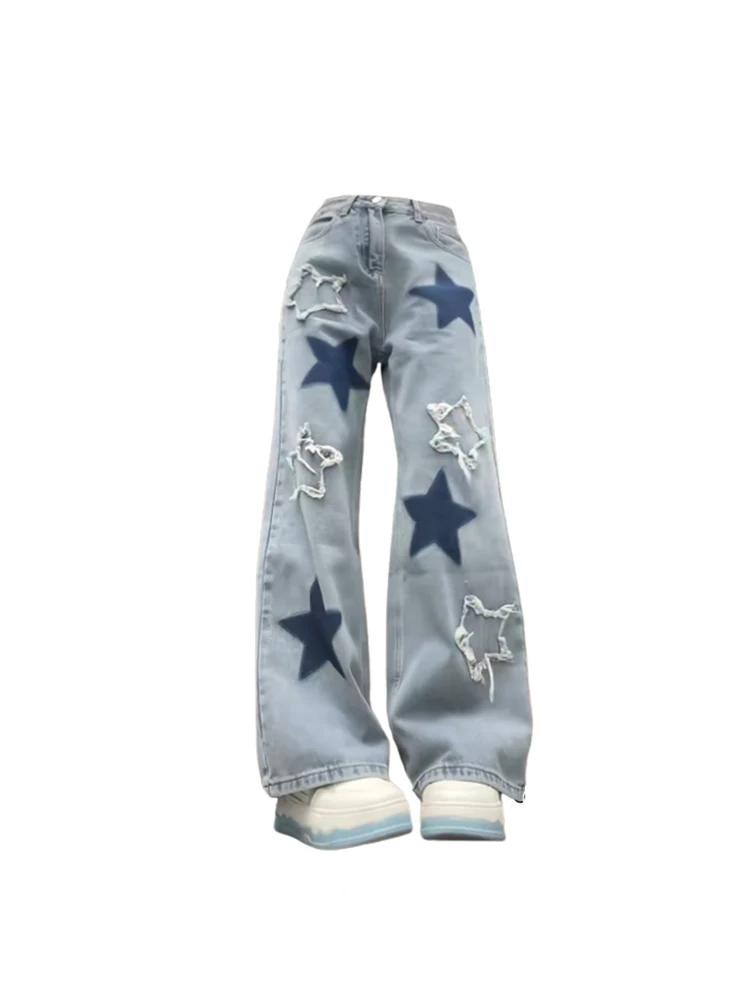 Alice Fashion Comprehensive Dames Baggy Blue Star Jeans Vintage Y2k jaren 90 Esthetische Denim Broek Harajuku Hoge Taille Brede Cowboy Broek Jaren 2000 Kleding 2024 XL blauw