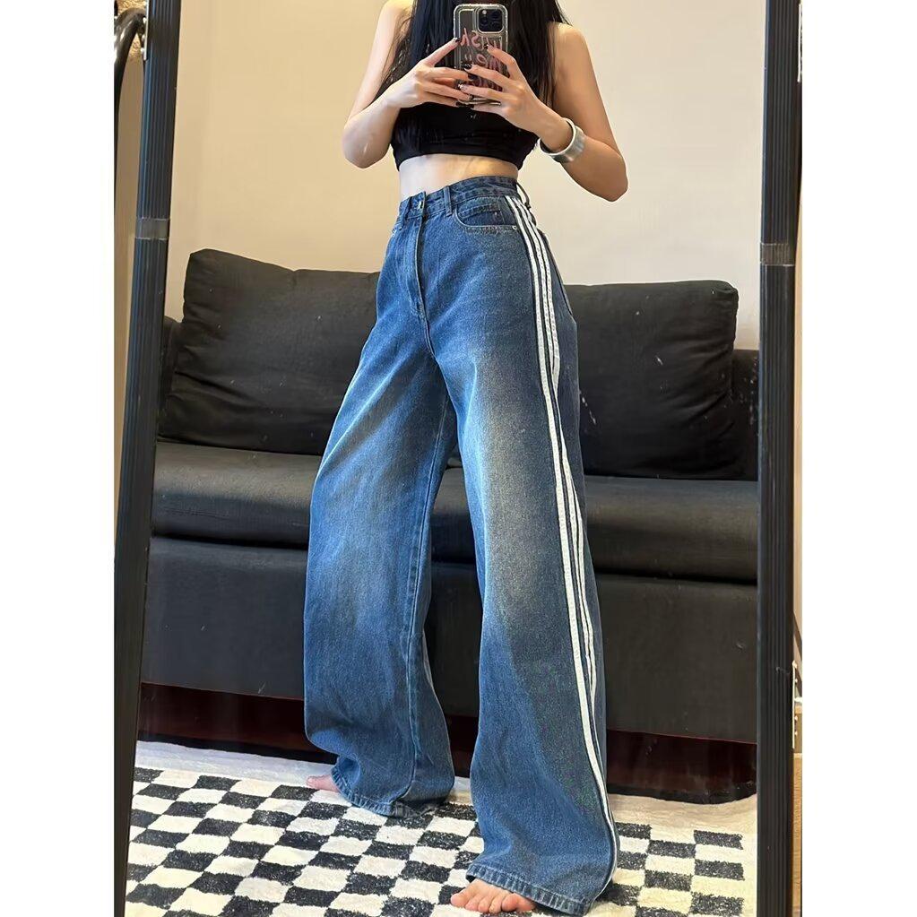 VantaGoods 2024 Dames Blauwe Gewassen Distressed Retro Jeans met Drievoudige Strepen, Grote Maten Rechte Broek voor Herfst en Winter. L blauw