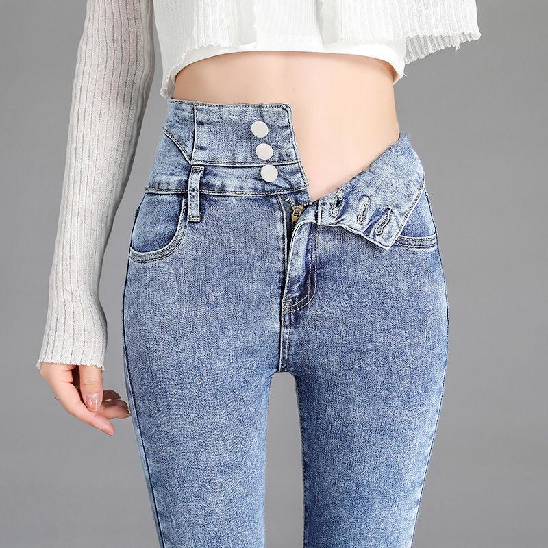 VantaGoods Dames High Waist Slimming Skinny Jeans met drie knopen, elastische pasvorm, herfst- en winterstijl met negen punten 26 lichtblauwe kleur