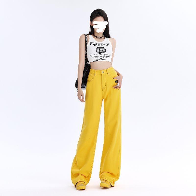 VantaGoods Gele geborduurde jeans met wijde pijpen voor dames - hoge taille, losse pasvorm, straatstijl, perfect voor lente en zomer. Double Extra Large geel