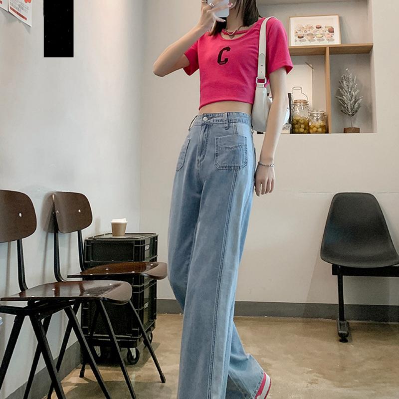 Qiu Yi Dames denim jeans Losse rechte lente- en herfstjeans Hoge taille Wijde pijpen Lange broek 2XL lichtblauwe kleur