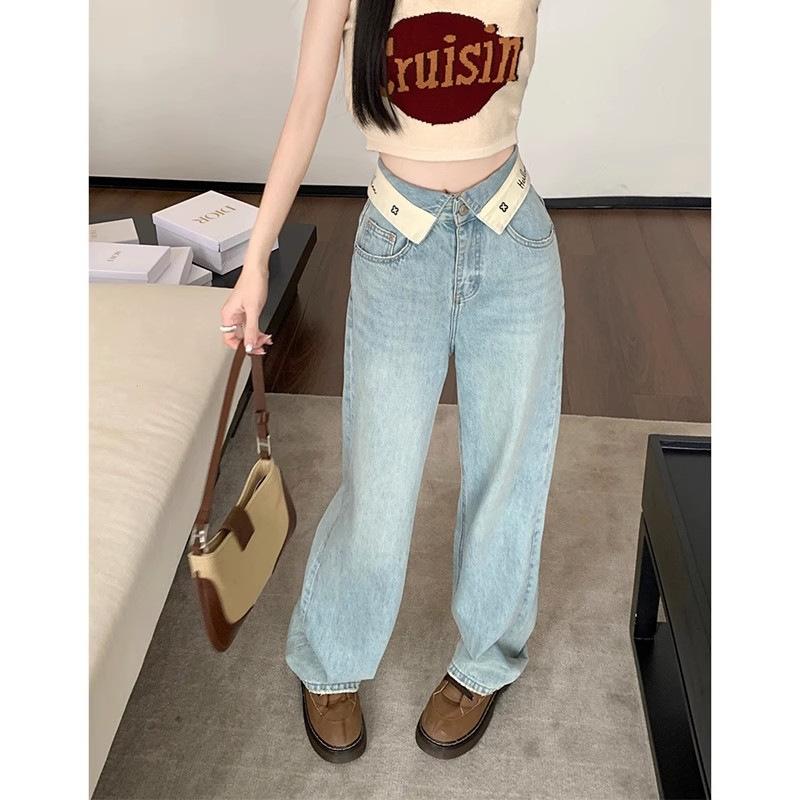 Qiu Yi Flap Letter Jeans Dames zomer hoge taille dunne wijde pijpen broek rechte broek 2XL