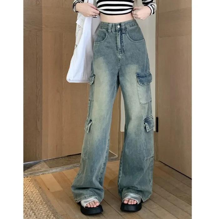 Qiu Yi Vintage werkkleding jeans voor dames, lente en herfst, coole, losse broek met hoge taille, dunne rechte pijpen en wijde pijpen 2XL