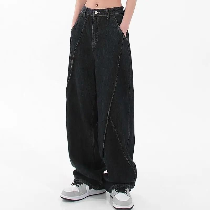 FD2VV Heren- en dames casual baggy jeans met los stikselontwerp, High Street zwarte rechte broek, Y2k Boyfriend denim broek S-5XL XL zwart