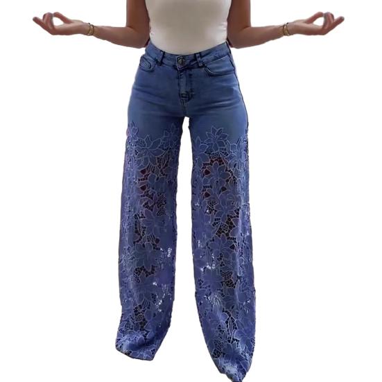 Mengxiangjia Dames Jeans met Kant Patchwork Casual Baggy Rechte Wijde Pijp Denim Broek Mid Waist Bloemig Holle Jeans XXL donkerblauwe kleur