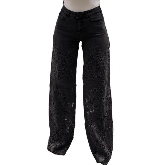 Mengxiangjia Dames Jeans met Kant Patchwork Casual Baggy Rechte Wijde Pijp Denim Broek Mid Waist Bloemig Holle Jeans M