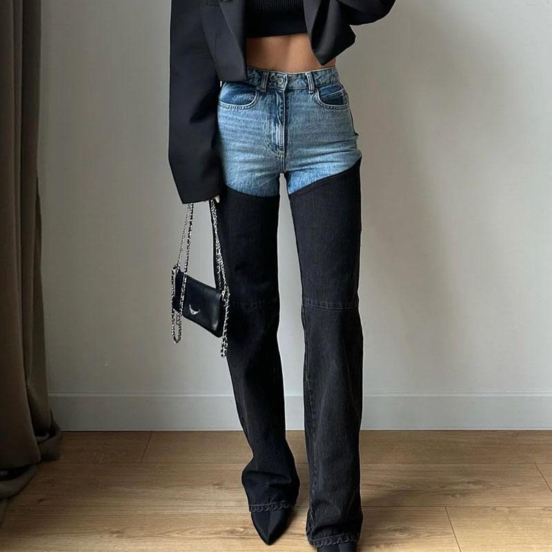 Kuake Duan Patchwork jeans voor dames, rechte hoge taille, ritszakken, lange denim broek, lente-achtige damesmode, high street broek XL blauw