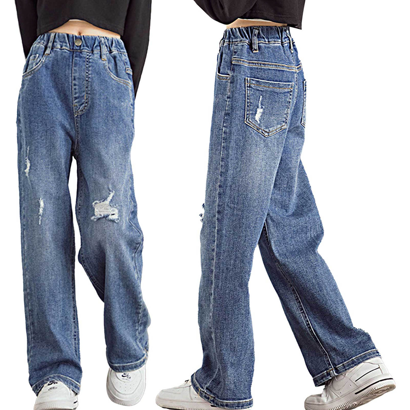 IEFiEL Modebroeken voor kinderen Meisjes Denim gescheurde broek Effen kleur Casual broek met wijde pijpen en zakken Stijlvolle kinderkleding 13-14 Years